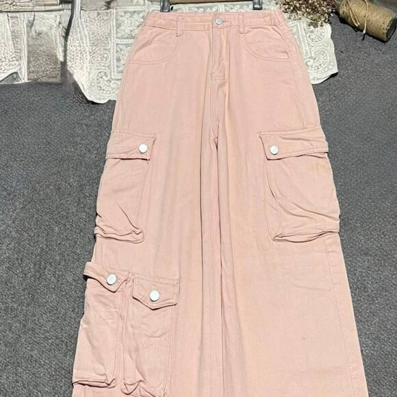 Pants - Pink Wide Leg Cargo Pants With Side Pockets